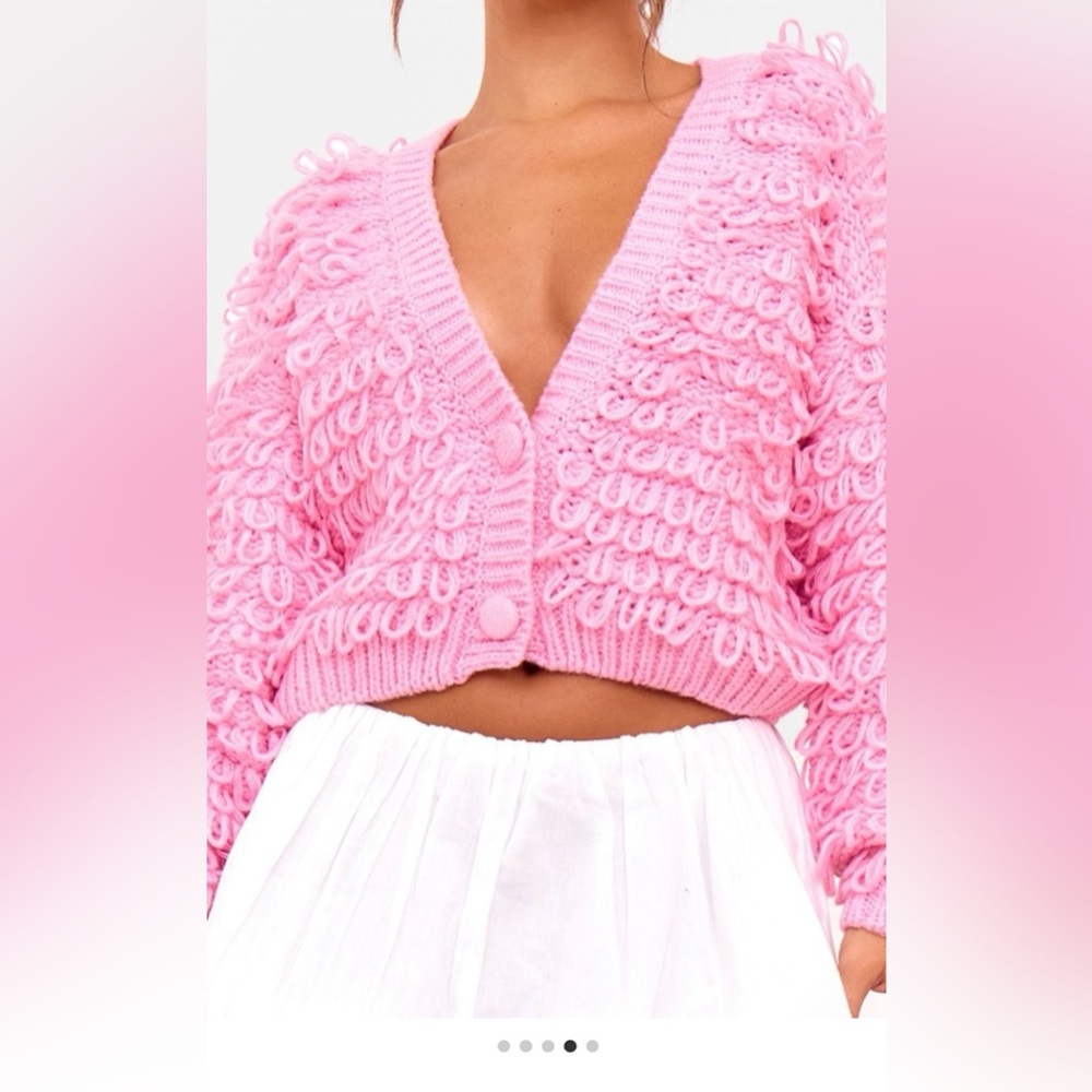 Pink Loop Knit V Neck Button Up Cardigan - Picture 1 of 4